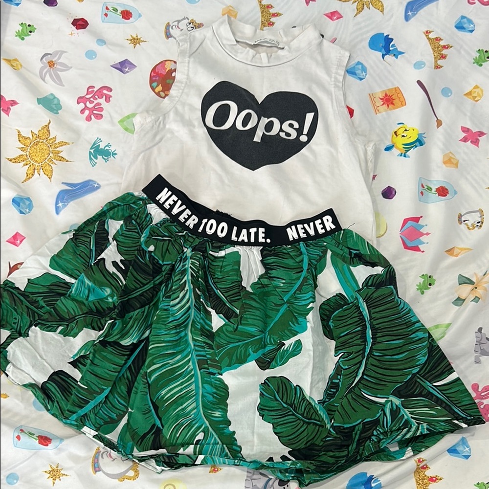 Oops! Graphic Top and Leaf Print Skirt Set